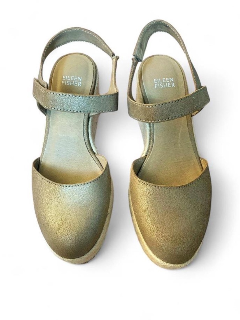 Eileen Fisher Nessa Metallic Ankle Strap Espadrille Wedges Size 7.5